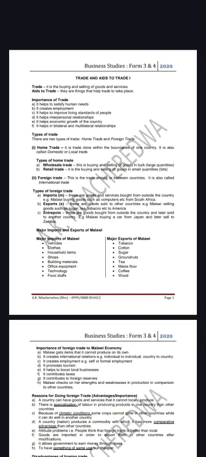 Study Notes Business Studies For Form 3 and 4